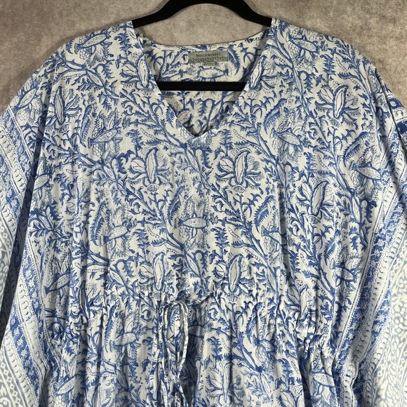 World Market Kaftan Mini Dress Womens Free Size Blue Floral Swimsuit Cover Beach - Picture 2 of 10